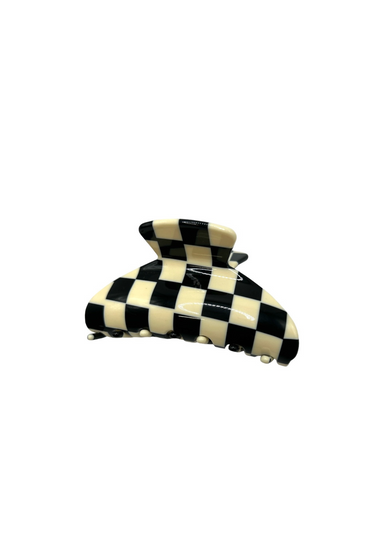 CHECKERED CLAW CLIP- large, hair clip, checkered black and white, acetate