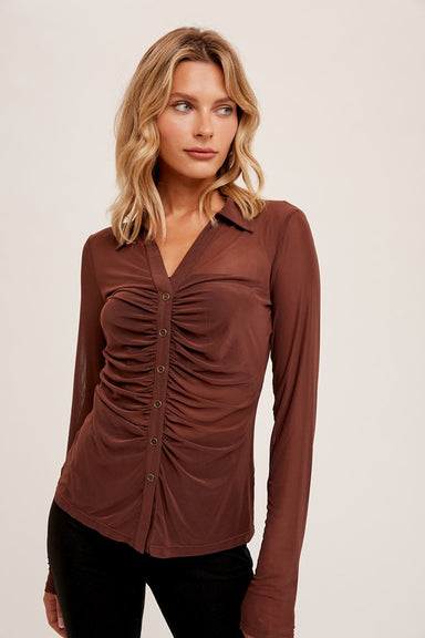 NOVA RUCHED BUTTON DOWN - Cocoa brown, ruched top, ruched front of top, fitted top 