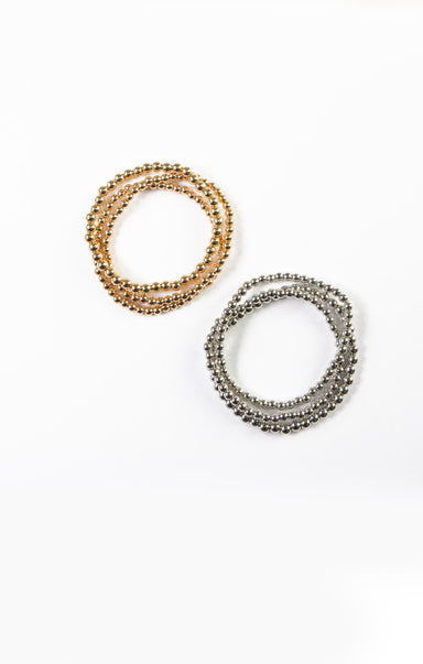 PLAIN BEADED BRACELET SET-gold,silver,three bracelet set,beaded,different sized bracelet strands,stretch
