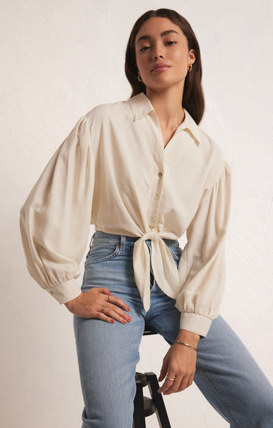 TEGAN TIE FRONT TOP-z-supply,sandstone,collared,button front,tie detail,puff sleeve,cinched back