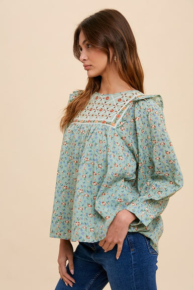 LINDSAY FLORAL TOP- Green base with orange and yellow flowers, flowy body and sleeve