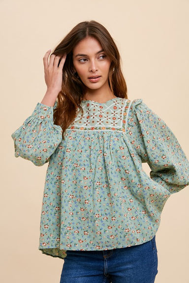 LINDSAY FLORAL TOP- Green base with orange and yellow flowers, flowy body and sleeve