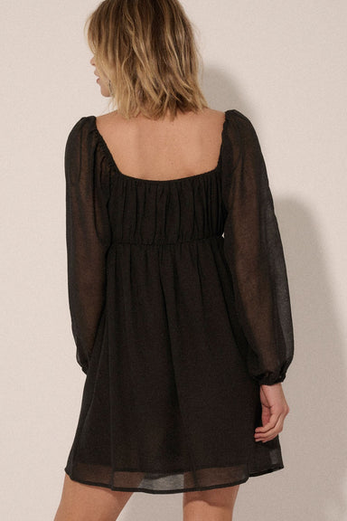 Stella Mini Dress With Rose Bodice -  Long Sleeve, Mini Dress, Black, Flowy