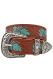 WESTERN STYLE PAINTED BELT- brown belt, turquoise detailing, silver western belt buckle 
