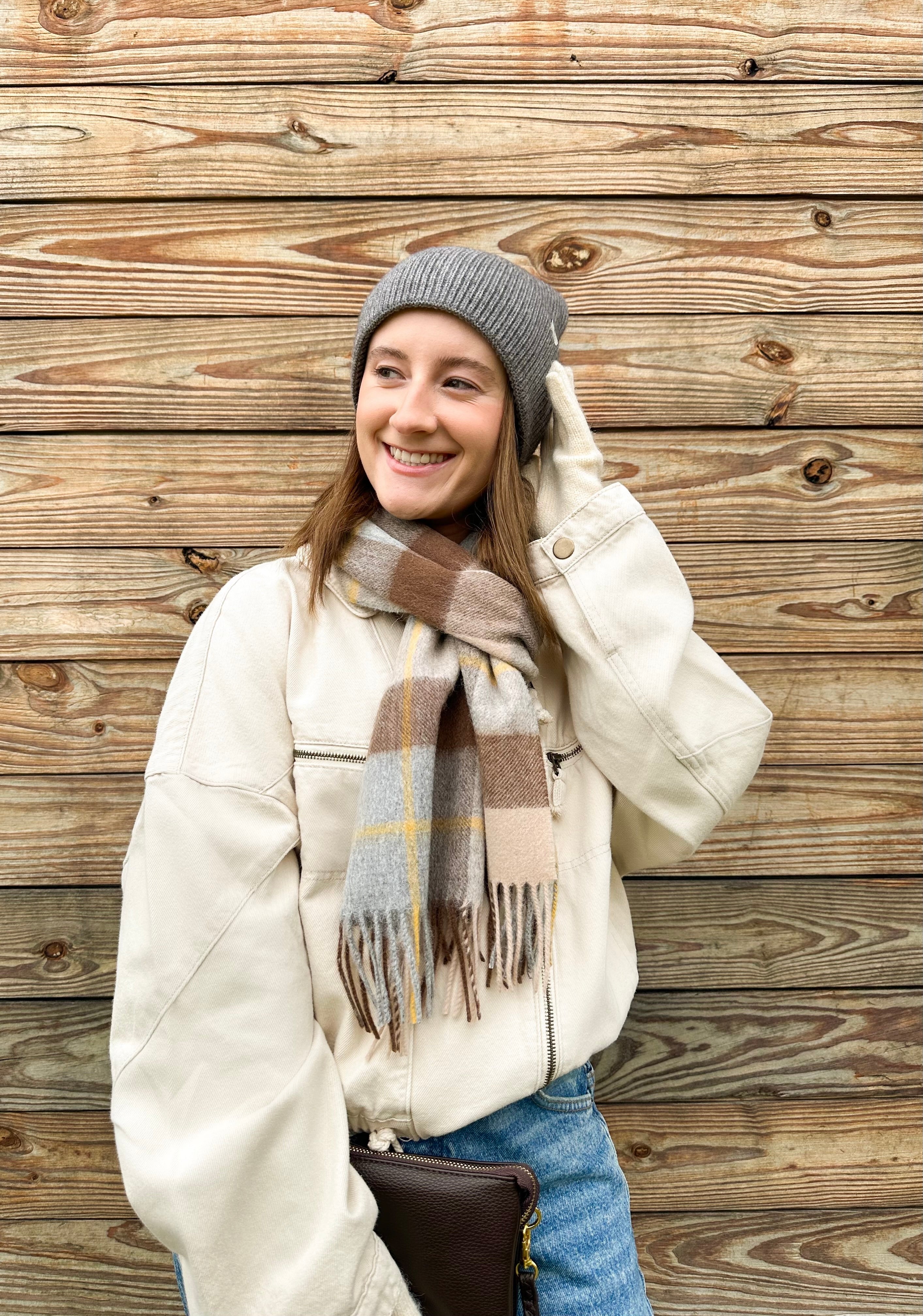 100% wool, brown and blue checkered pattern