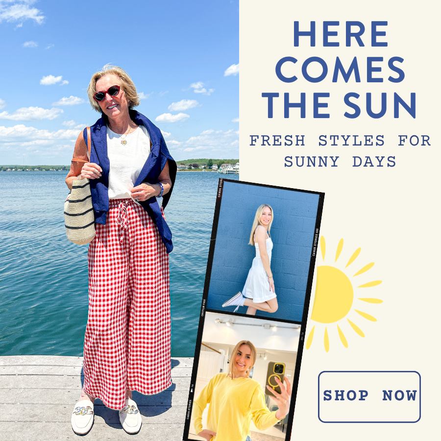 Woman in summer outfit by a lake with promotional text about fresh styles for sunny days.