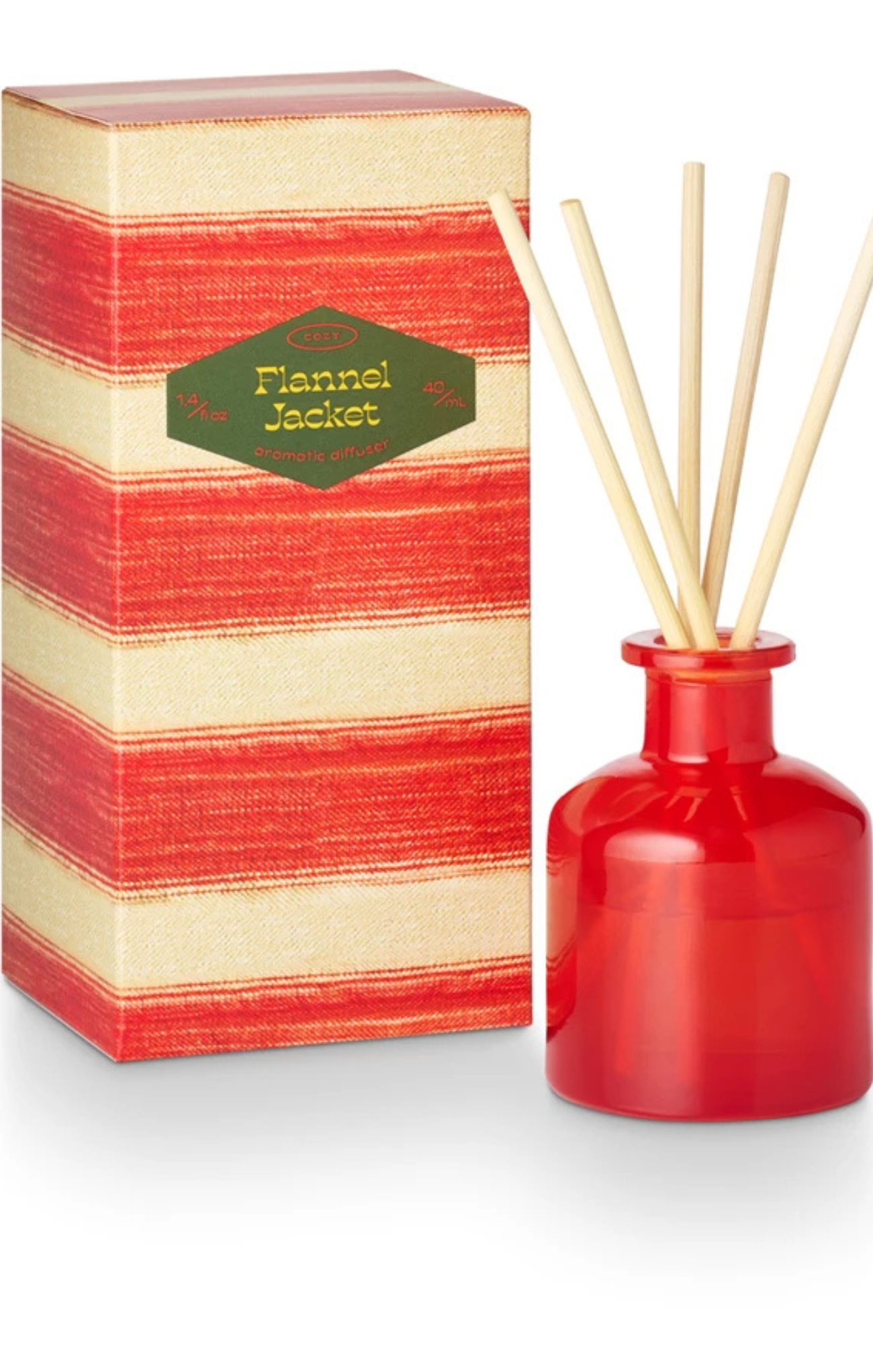 Red diffuser bottle with wooden sticks and matching box labeled 'Flannel Jacket' on a white background