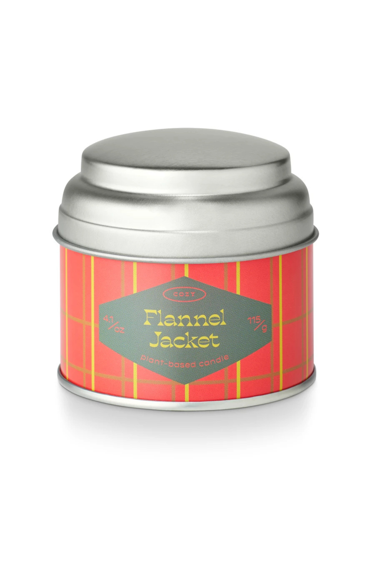 Tin canister with red plaid design and 'Flannel Jacket' text on a white background