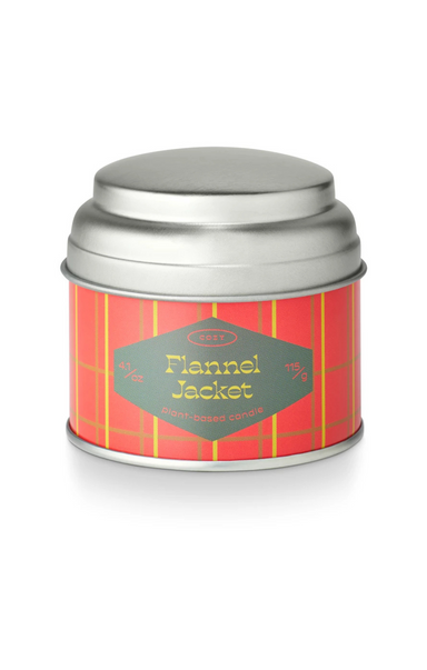 Tin canister with red plaid design and 'Flannel Jacket' text on a white background