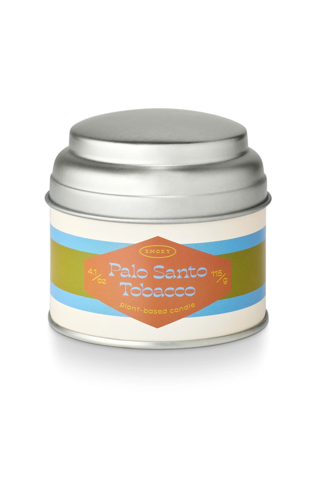 Candle tin labeled 'Palo Santo Tobacco' on a white background