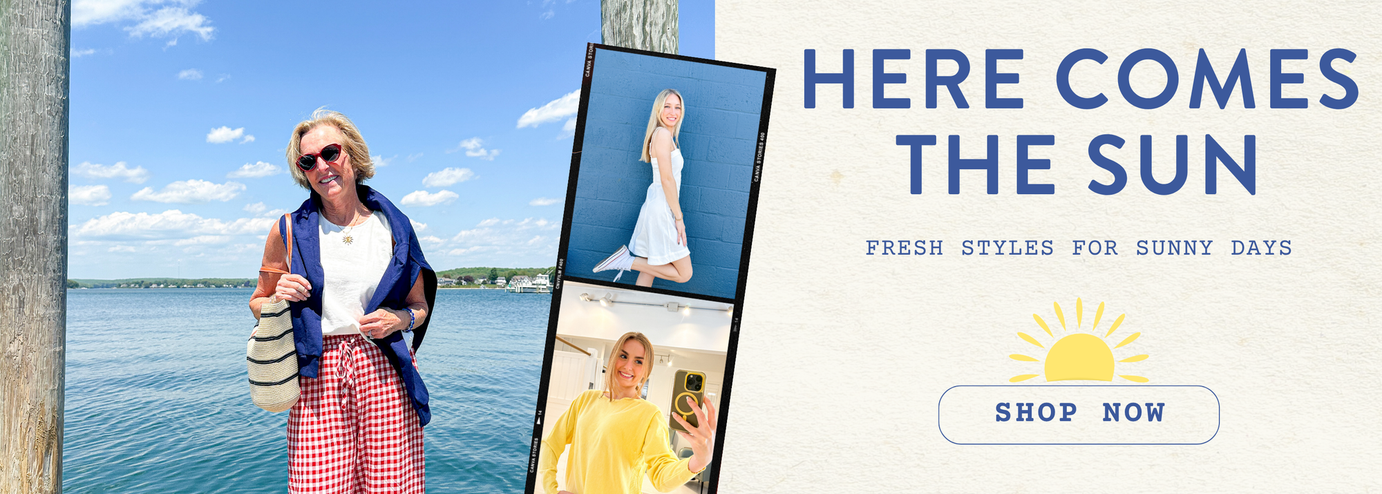 Promotional banner for summer clothing with a woman by a lake and text 'Here Comes the Sun'.