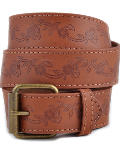 EMBOSSING LEATHER BELT WITH FILIGREE PATTERN - Brown leather belt, brass hardware, floral detailing