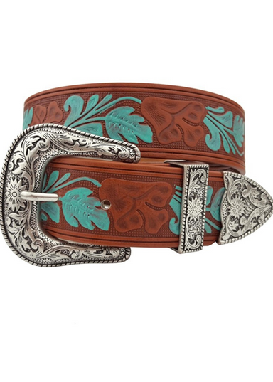 WESTERN STYLE PAINTED BELT- brown belt, turquoise detailing, silver western belt buckle 