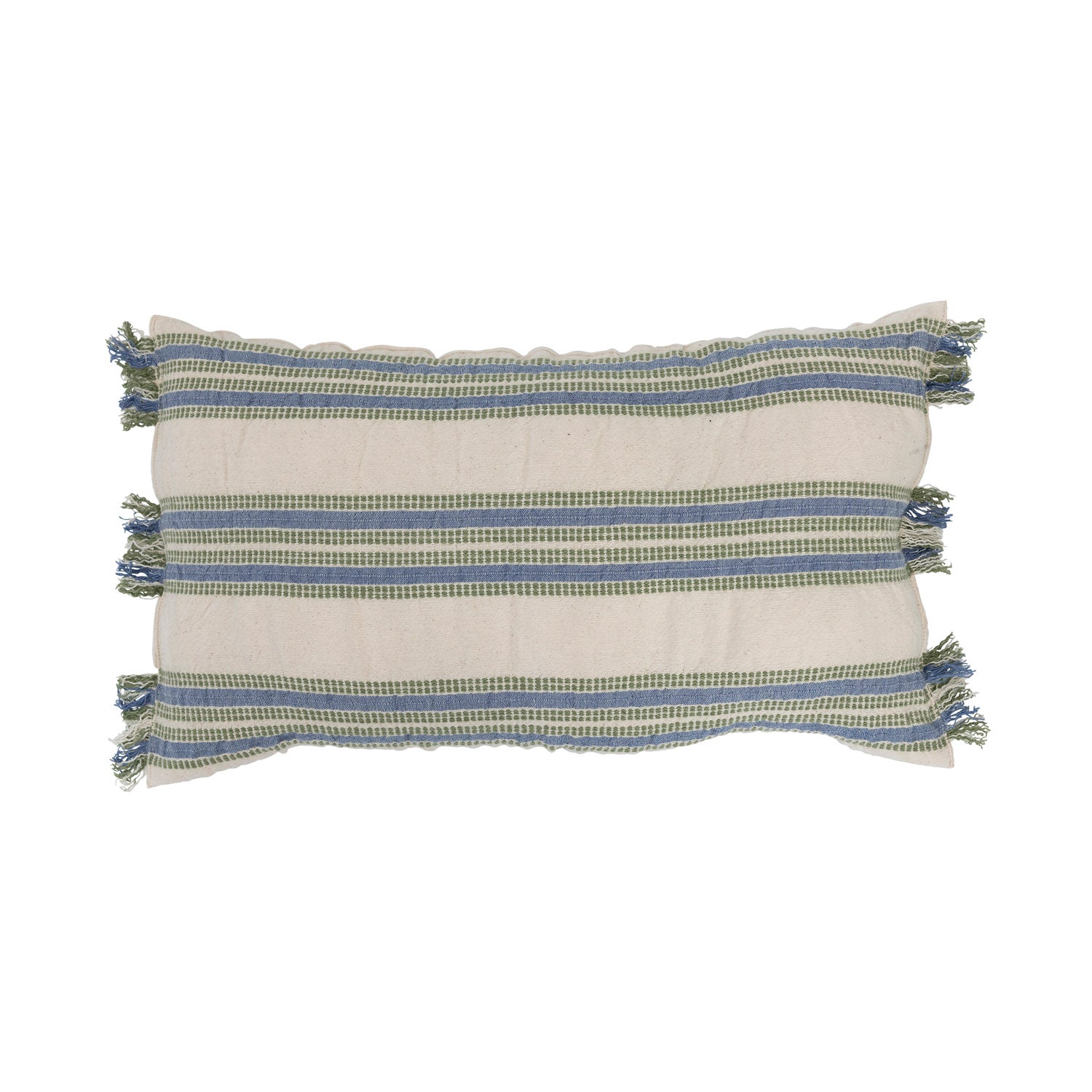 Woven Cotton Lumbar Pillow with Stripes & Fringe