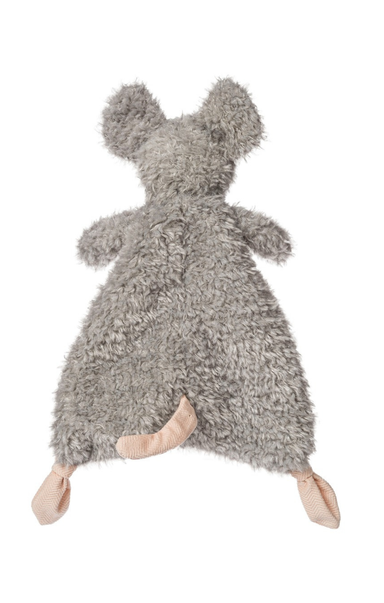 Gray fuzzy mouse plush toy on a white background