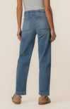Person wearing blue jeans on a plain background