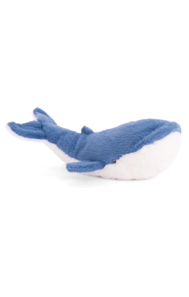 Blue and white plush whale toy on a white background