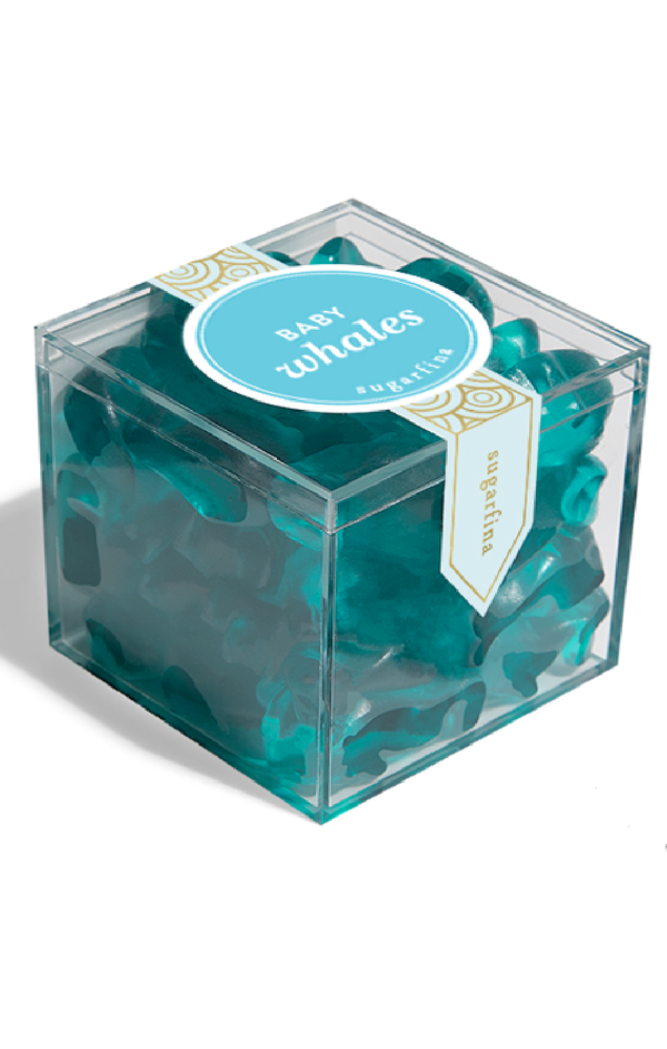 Teal whale-shaped bath bombs in a clear box with a label on a white background