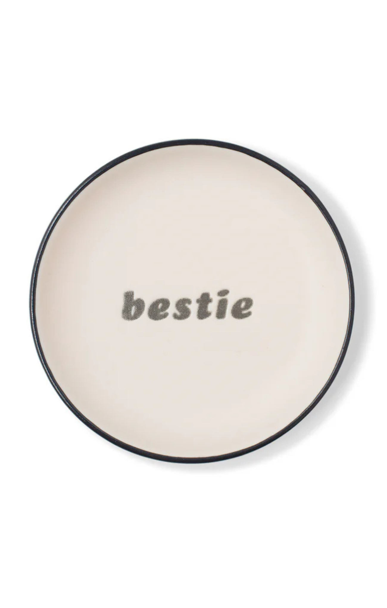 Round ceramic product with 'bestie' text on a white background