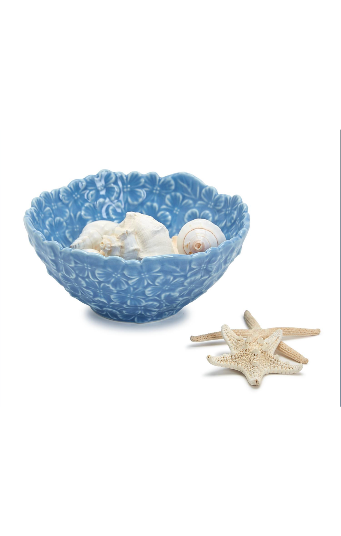 Blue decorative bowl with seashells and starfish on a white background