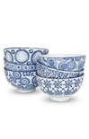 assorted blue and white bowls on white background