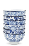 assorted blue and white bowls on white background