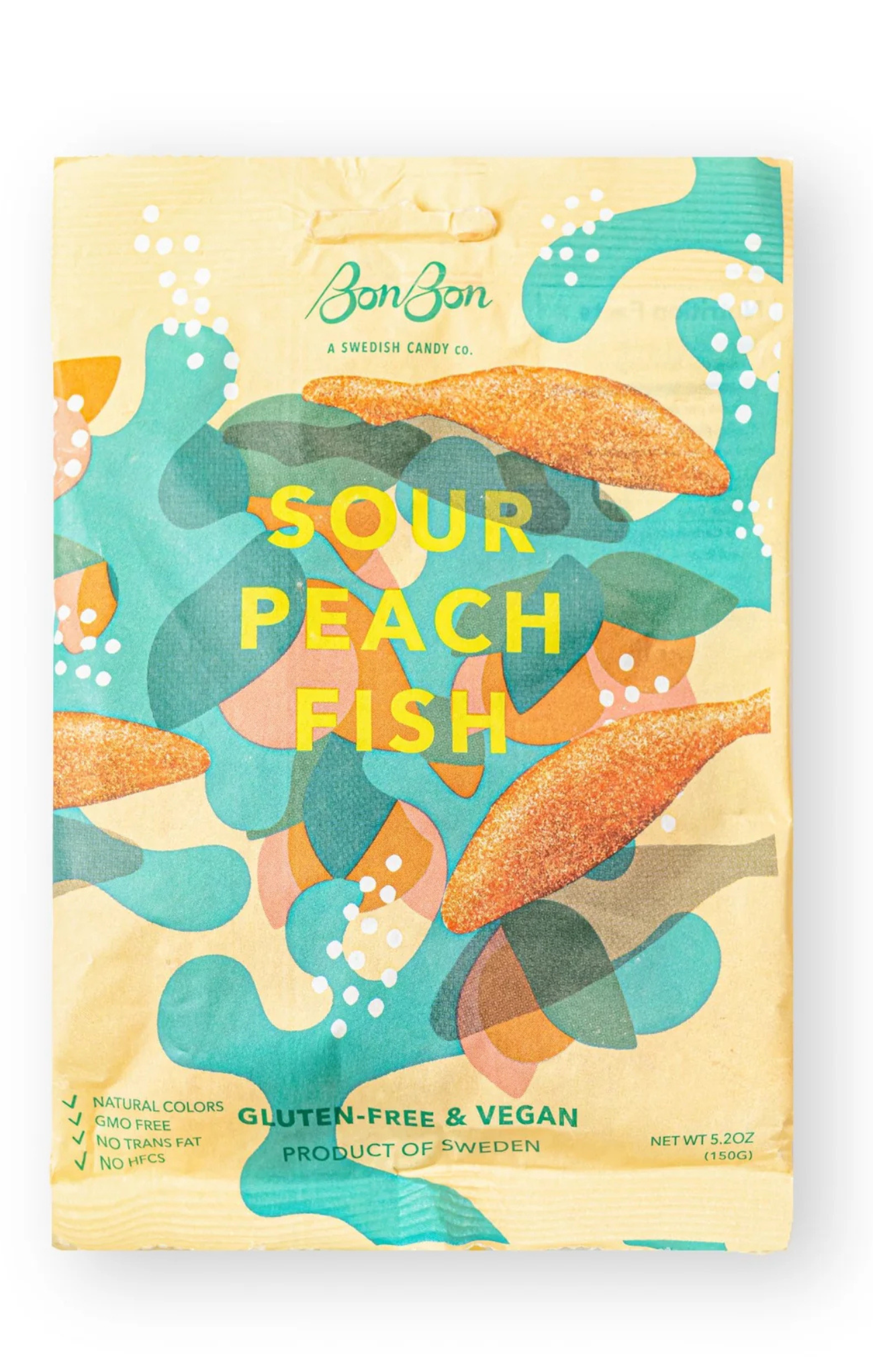 Packaging of Sour Peach Fish candy with colorful design and text on a white background