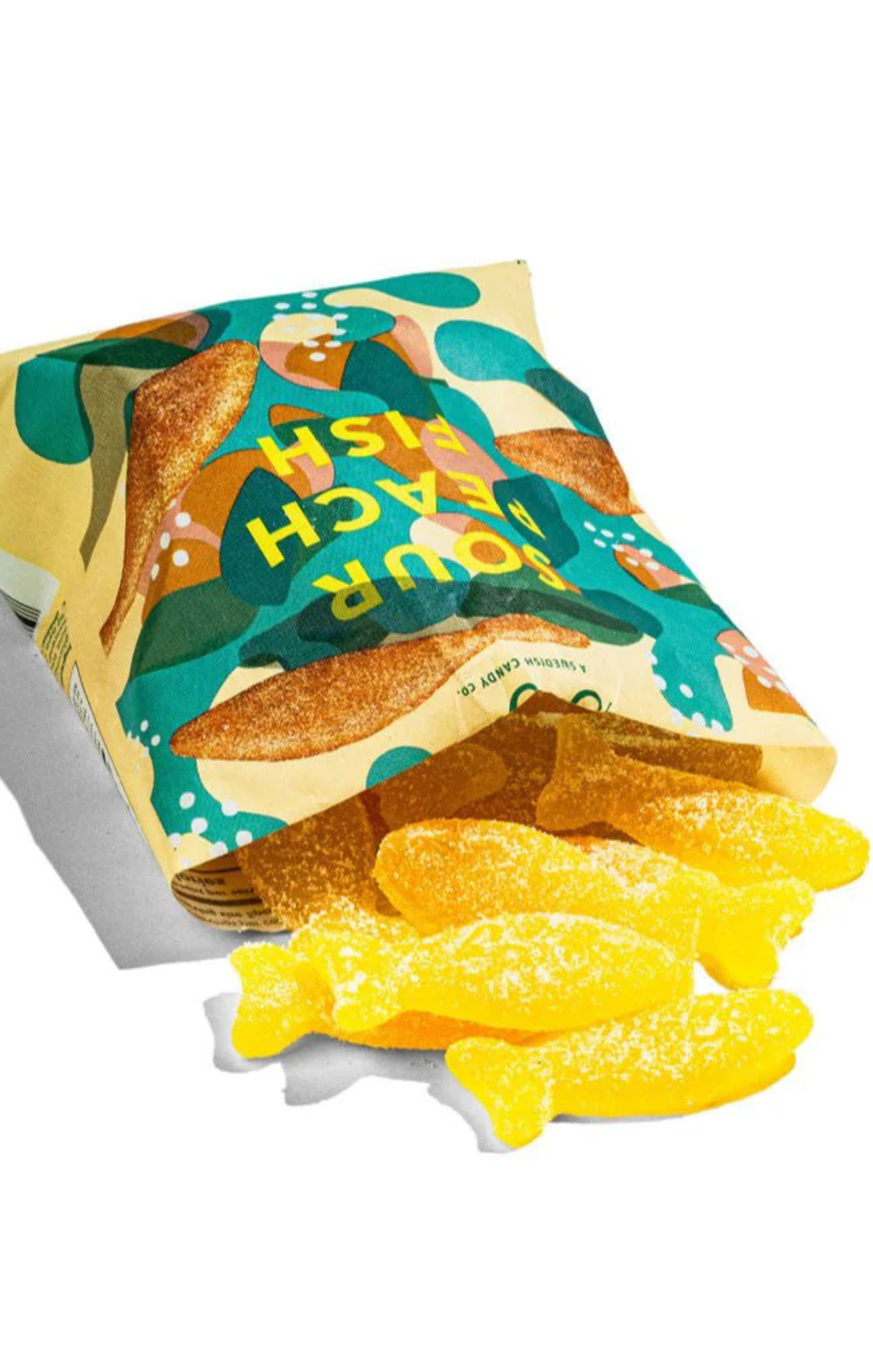 Packaged fish-shaped gummy candies with a colorful label on a white background