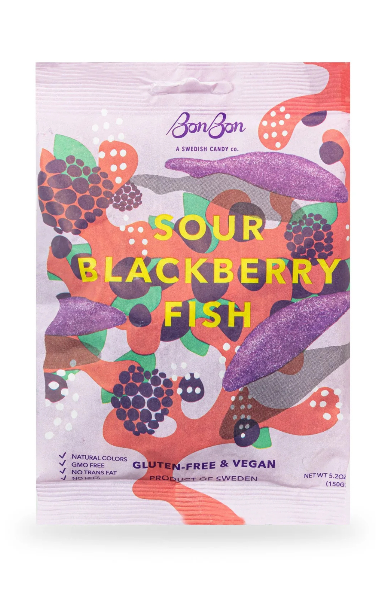 Colorful packaging of Sour Blackberry Fish candy with brand name on a white background