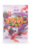 Colorful packaging of Sour Blackberry Fish candy with brand name on a white background