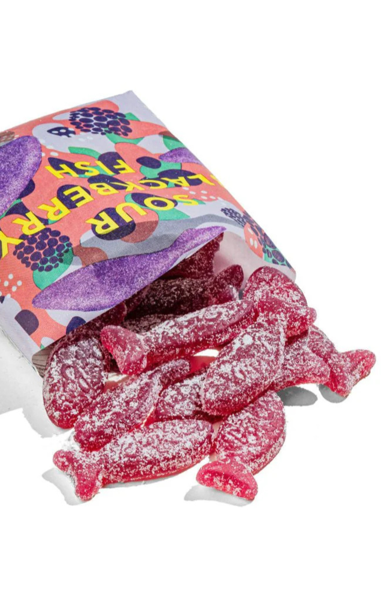 Bag of pink gummy worms with colorful label on a white background
