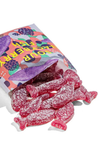 Bag of pink gummy worms with colorful label on a white background
