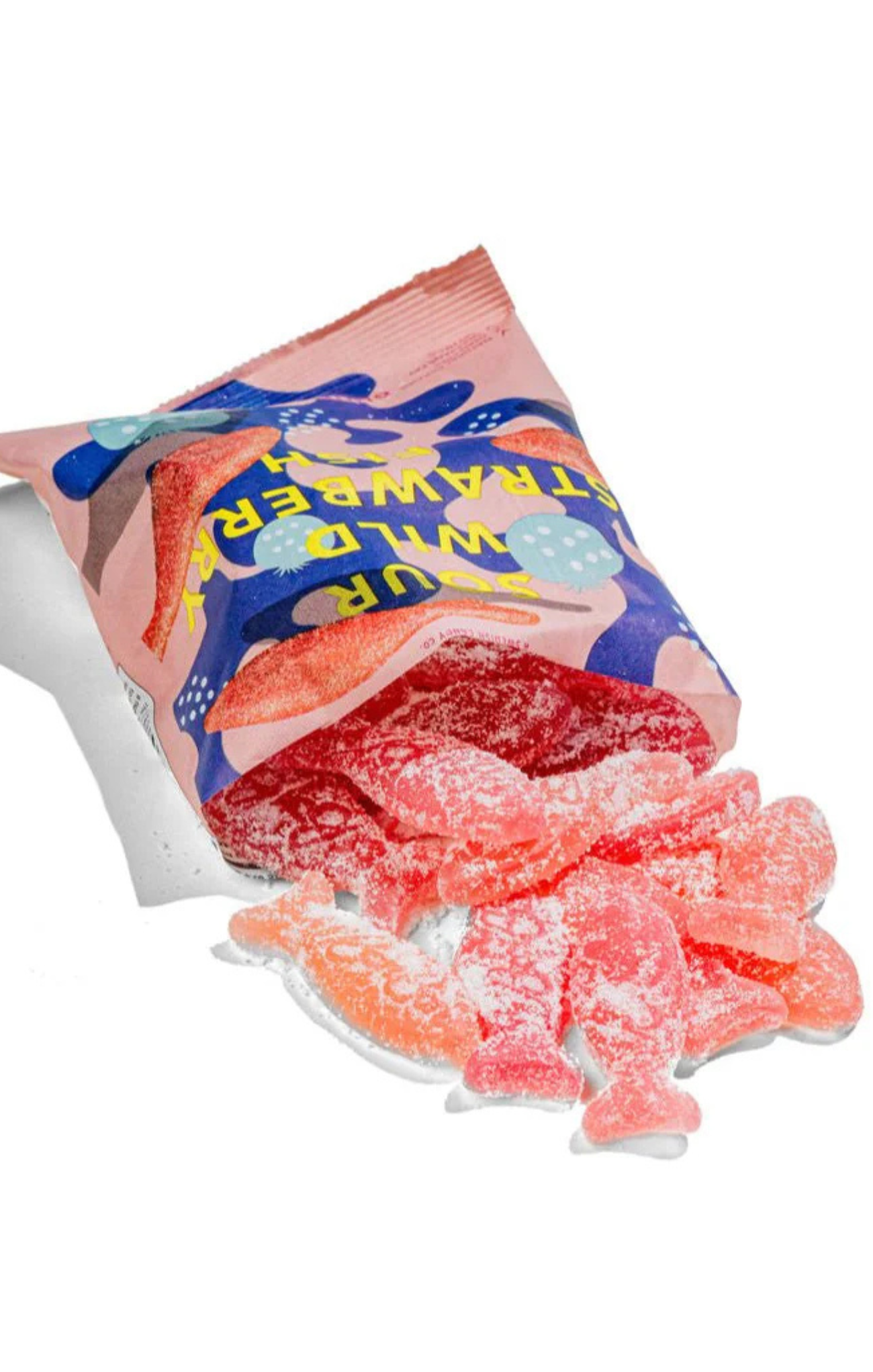 Packaged fish-shaped gummy candies with a colorful label on a white background