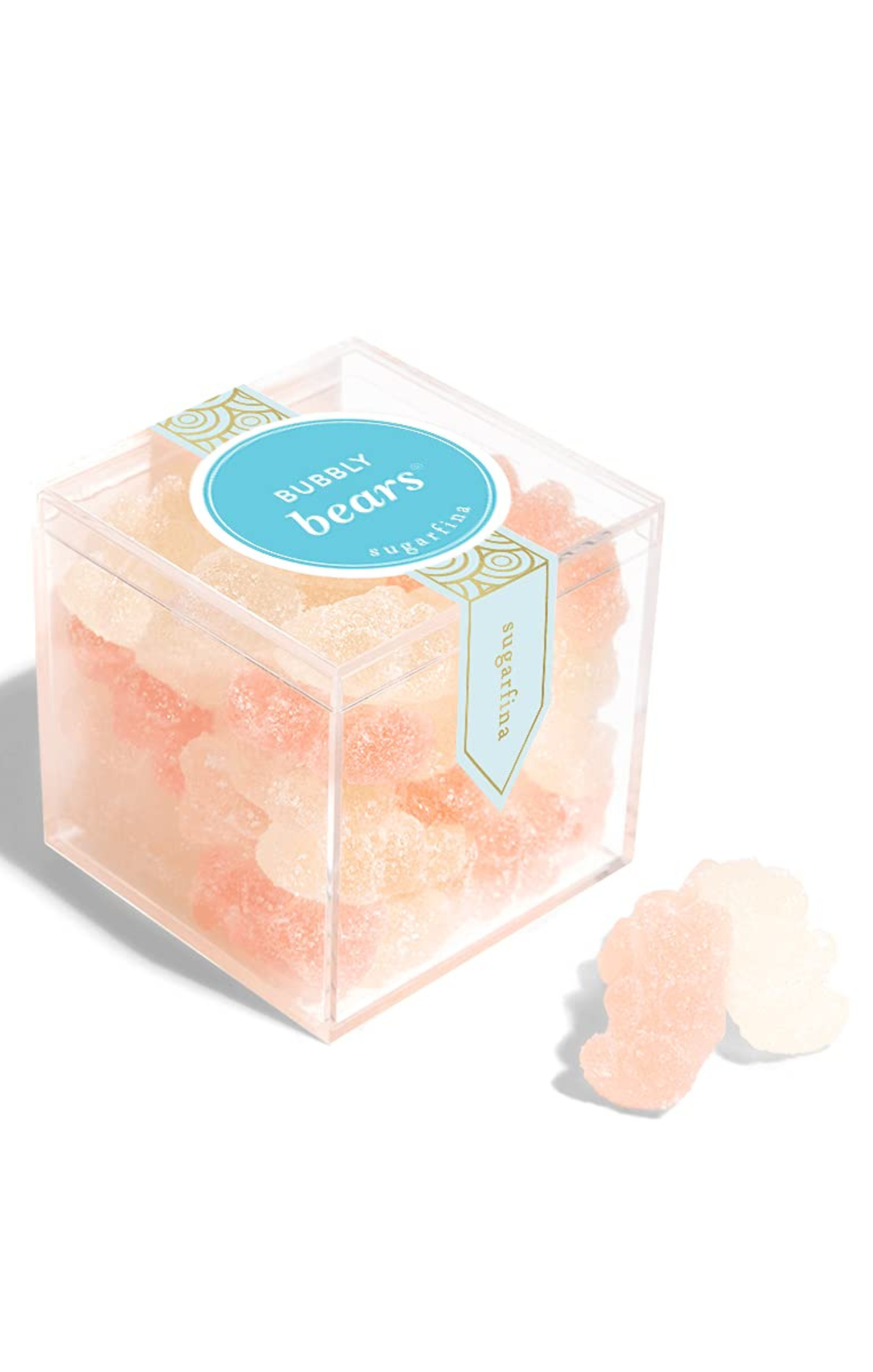 Clear cube box with pink candy labeled 'Bubly Bears' on a white background
