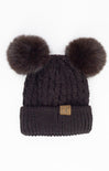 CABLE PATTERN BEANIE WITH DOUBLE POM POM-chocolate brown, double pom pom, cable knit, cuffed brim