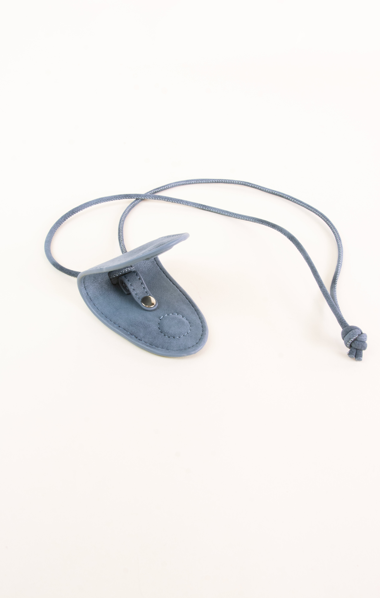 Blue leather strap with a metal buckle on a white background
