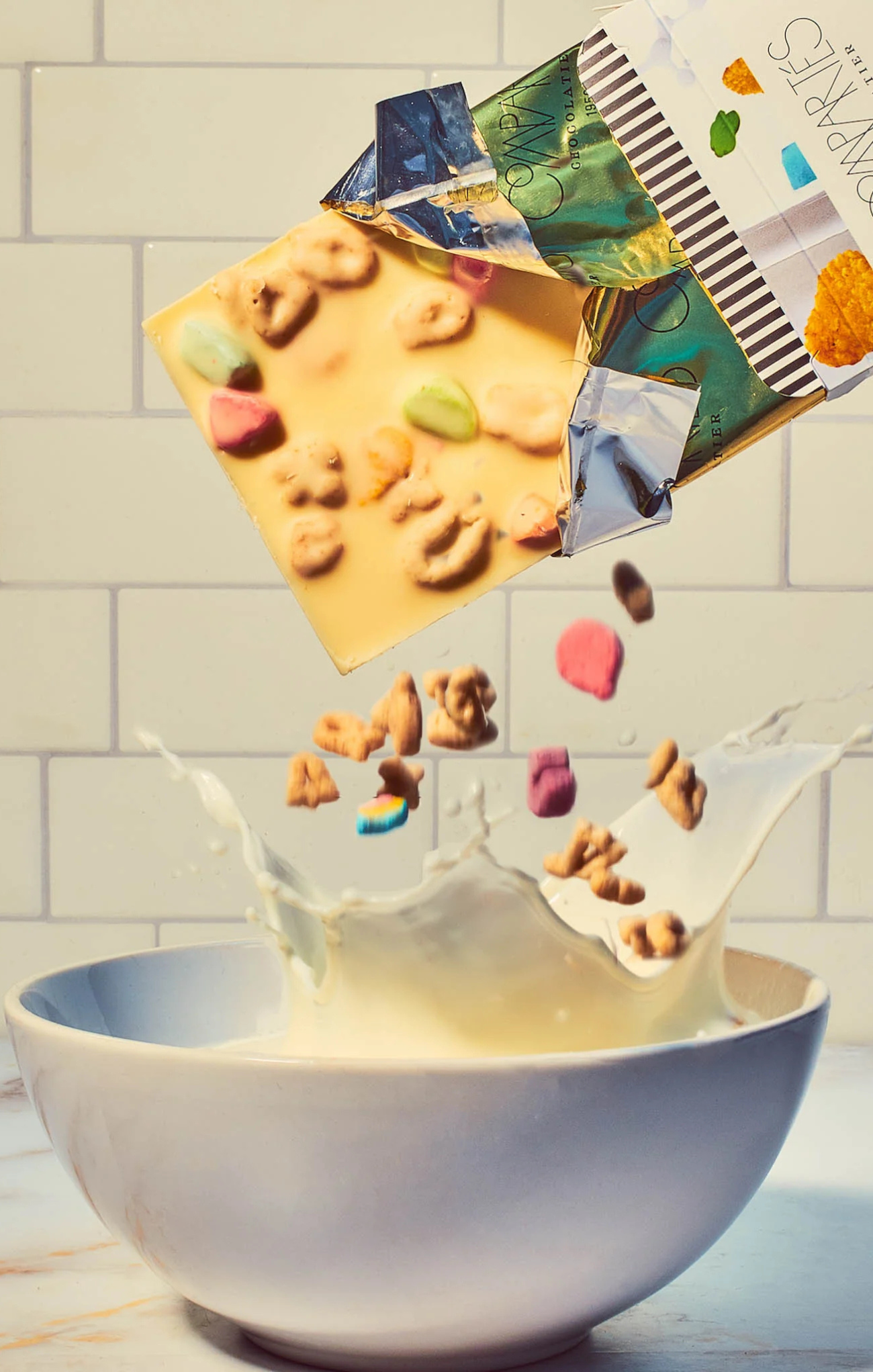 Collage of cookies and a bowl with a tiled wall background