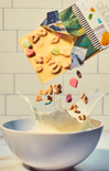 Collage of cookies and a bowl with a tiled wall background