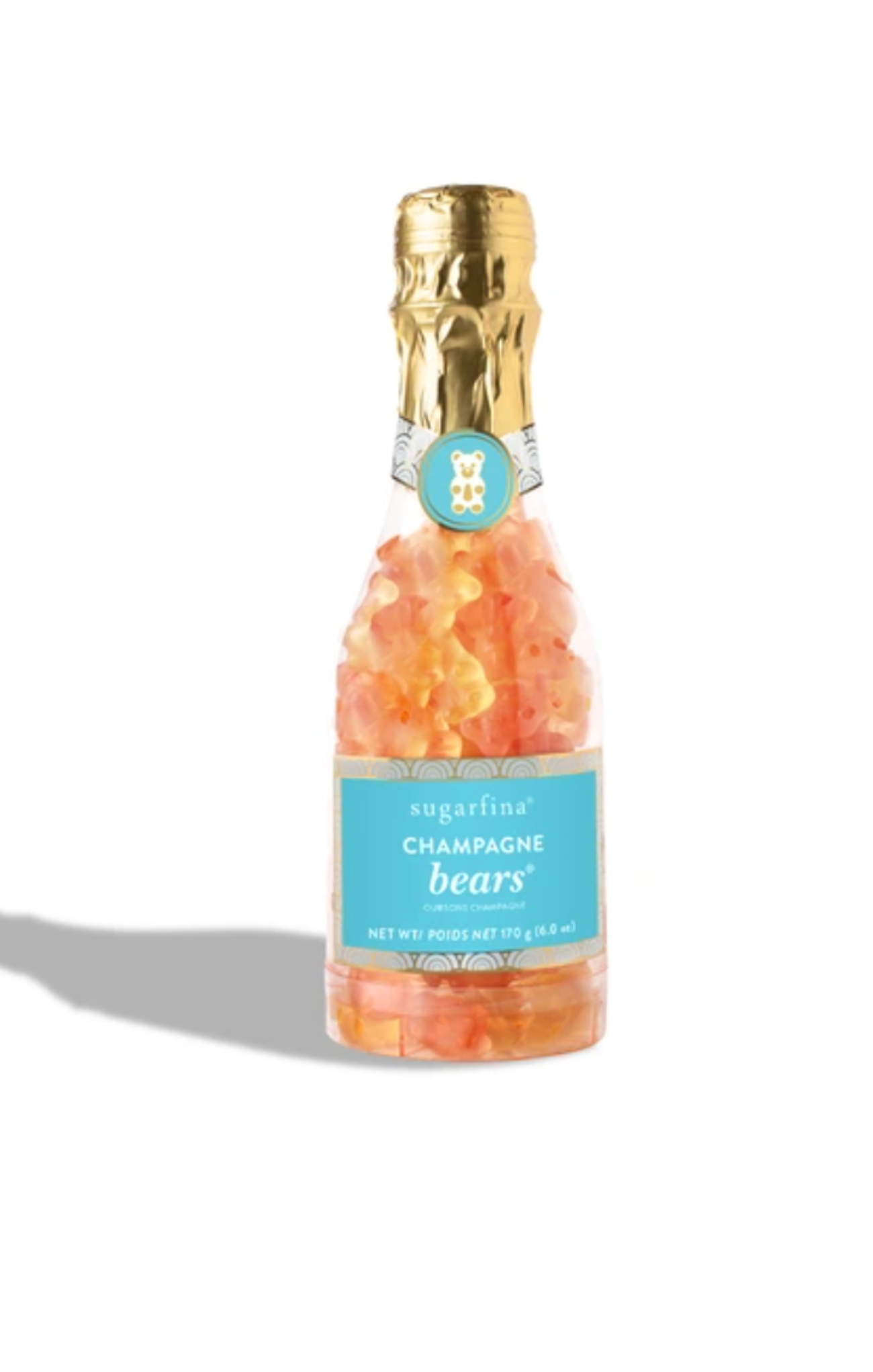 Bottle of champagne gummy bears with a gold cap on a white background