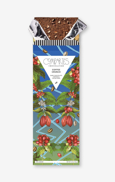 Coffee Crunch packaging with coffee beans and cacao beans on a white background