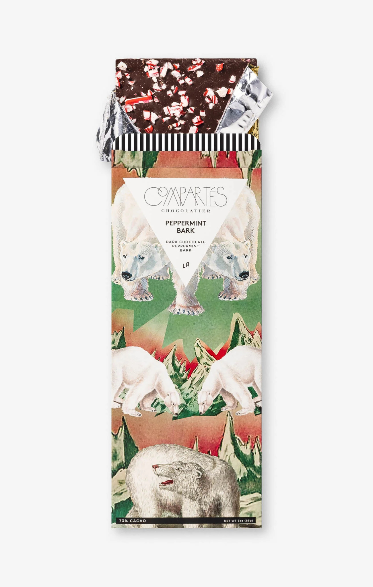 Packaged peppermint bark with polar bear illustrations on a white background
