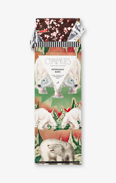 Packaged peppermint bark with polar bear illustrations on a white background