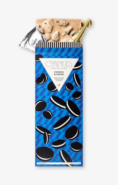 Cookies and Cream chocolate bar packaging with blue design