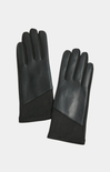 Pair of black leather gloves on a light gray background