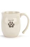 Beige mug with 'dog mom' and paw print design on a white background