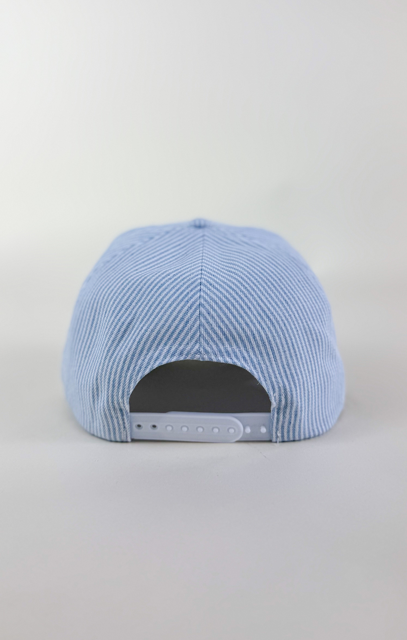 Light blue and white striped baseball cap with “Dog Mom” embroidered in blue lettering above a blue paw print on the front.