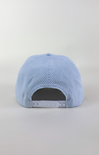 Light blue and white striped baseball cap with “Dog Mom” embroidered in blue lettering above a blue paw print on the front.
