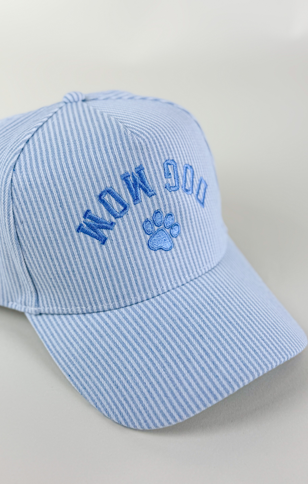 Light blue and white striped baseball cap with “Dog Mom” embroidered in blue lettering above a blue paw print on the front.