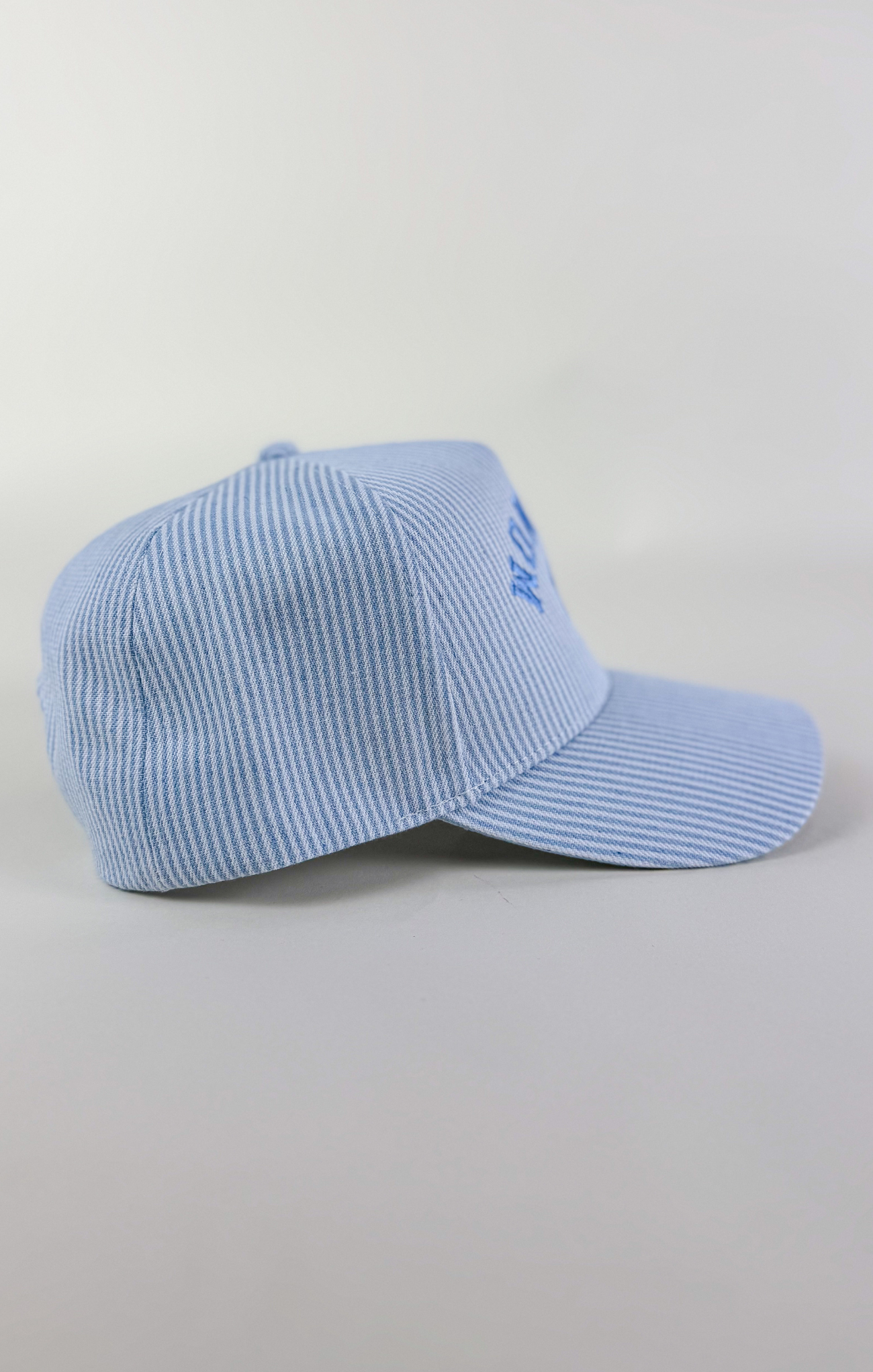 Light blue and white striped baseball cap with “Dog Mom” embroidered in blue lettering above a blue paw print on the front.