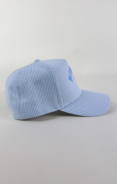 Light blue and white striped baseball cap with “Dog Mom” embroidered in blue lettering above a blue paw print on the front.